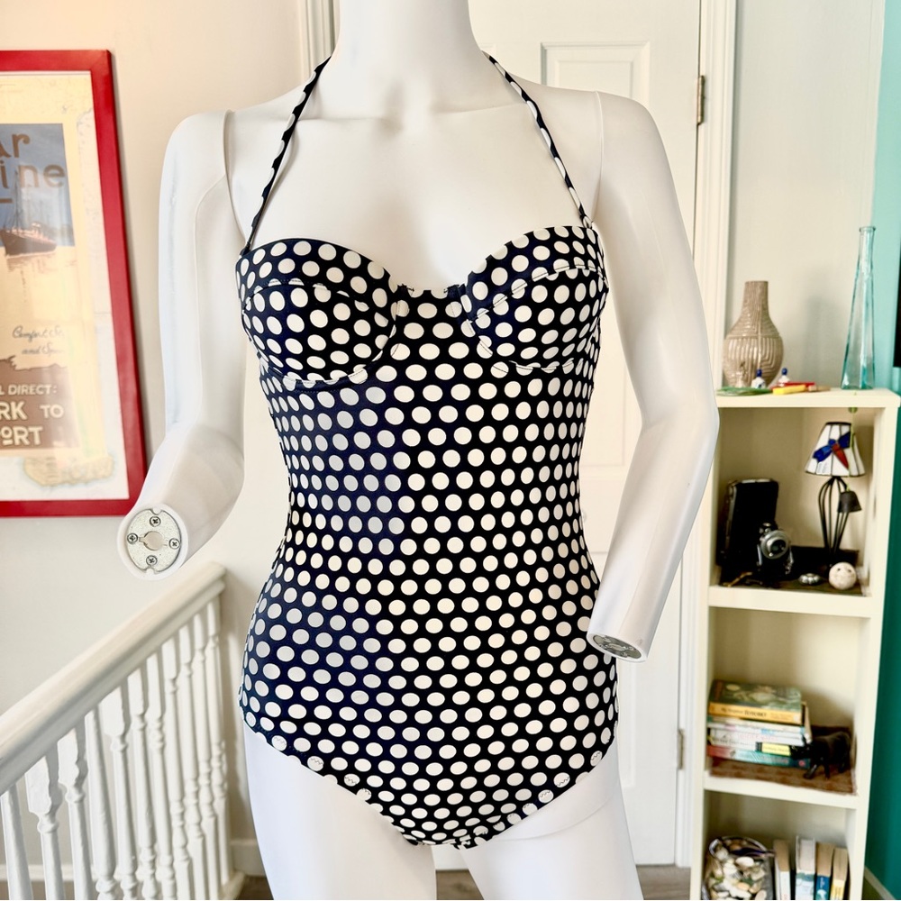 J. Crew Navy and White Polka Dot Swimsuit (size 2) - Picture 2 of 13